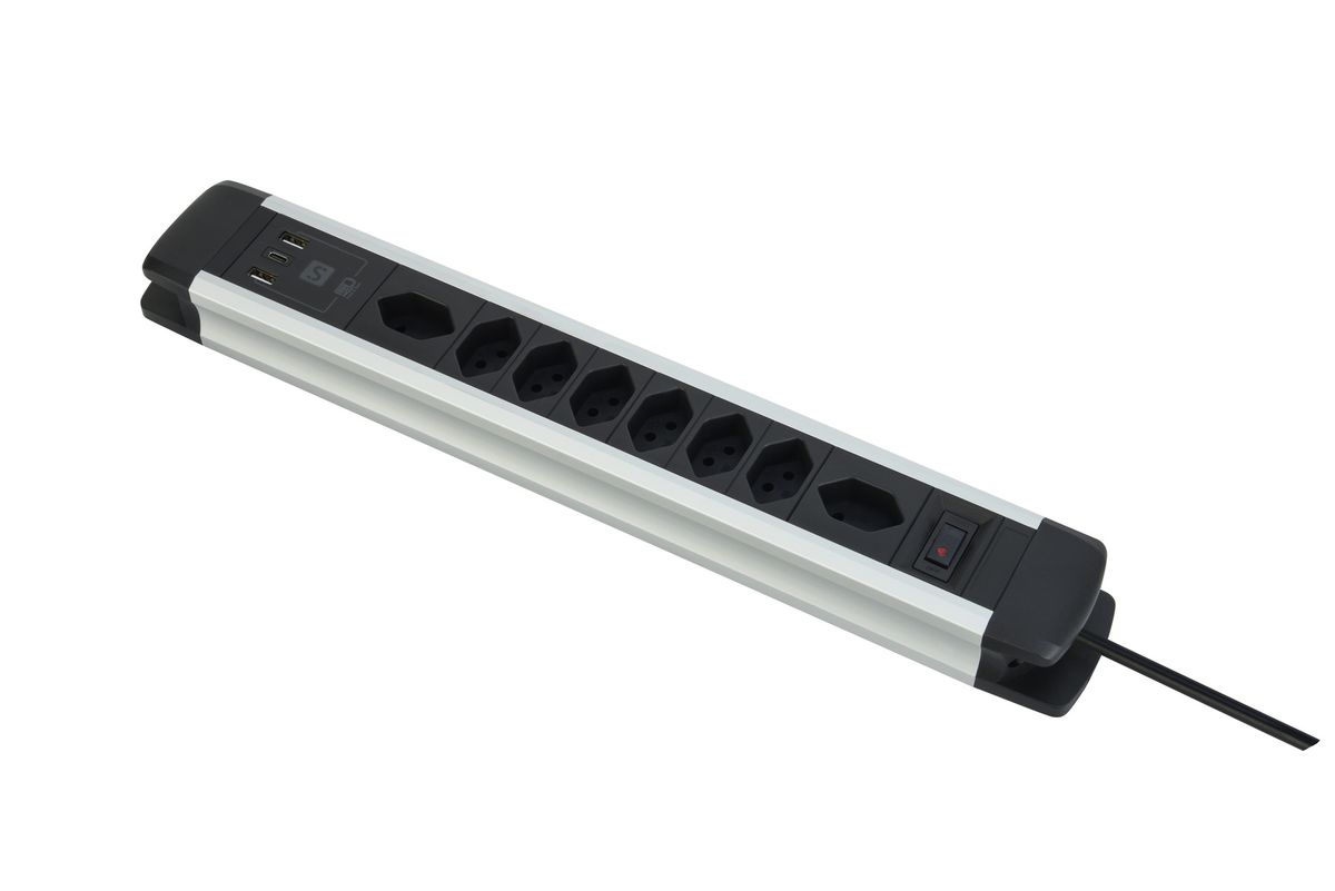 ALU Steckdosenleiste USB-C - 8xT13, 1x USB-C + 2x USB-A max. 3.4A - PD 20W, 2.0m Zuleitung, Stecker T12, Aluminium/schwarz