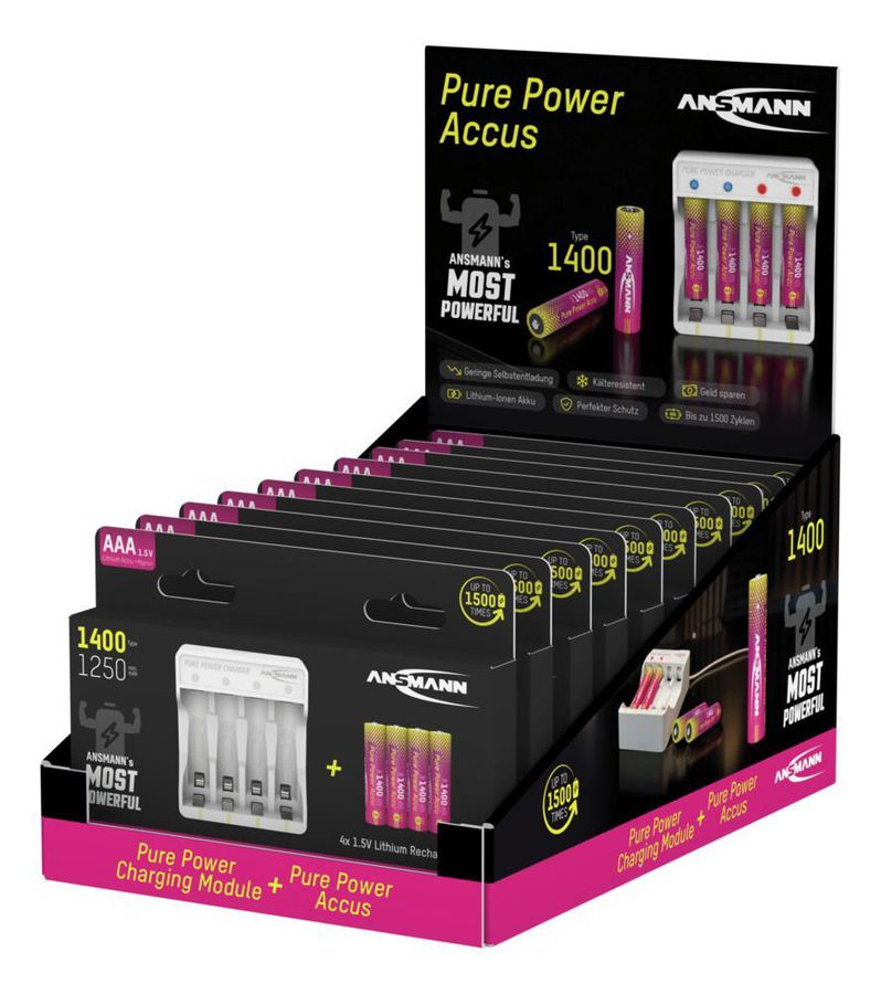 Pure Power Set 4× Micro AAA Akkus und Lademodul - Lithium-Ladegerät