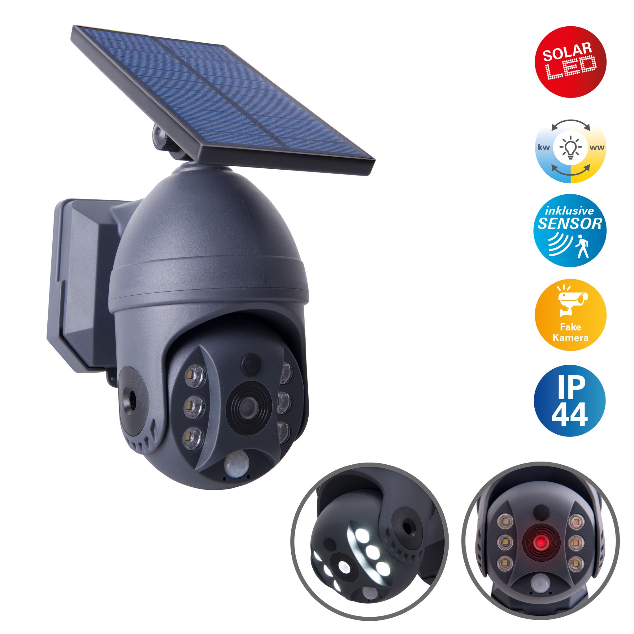 LED Solar Aussenwandleuchte mit Imitationskamera - IP44, 60lm, 6000-7000K