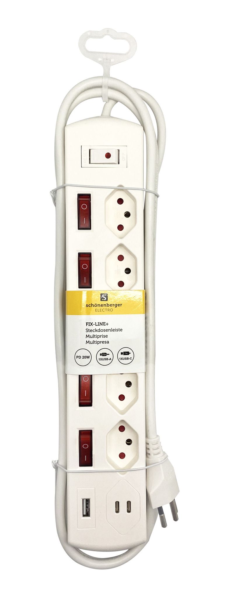 Steckdosenleiste Fix-Line+ MultiSwitch USB AC - 5x T13, 2x USB-C + 1x USB-A PD 20W, 2.0m Kabel, einzeln schaltbar + Hauptschalter, weiss