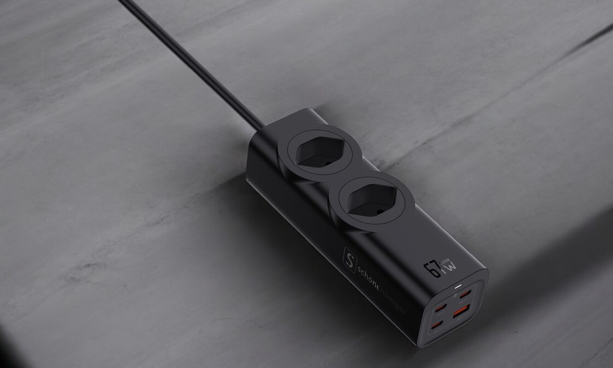 67W GaN Fast Charging Station - 2x T13, Out: USB-C1/ C2/ C3: 67W PD, C1+C2 shared: 45W + C3: 20W, USB-A: 5W, GaN, 1.5m Kabel,schwarz