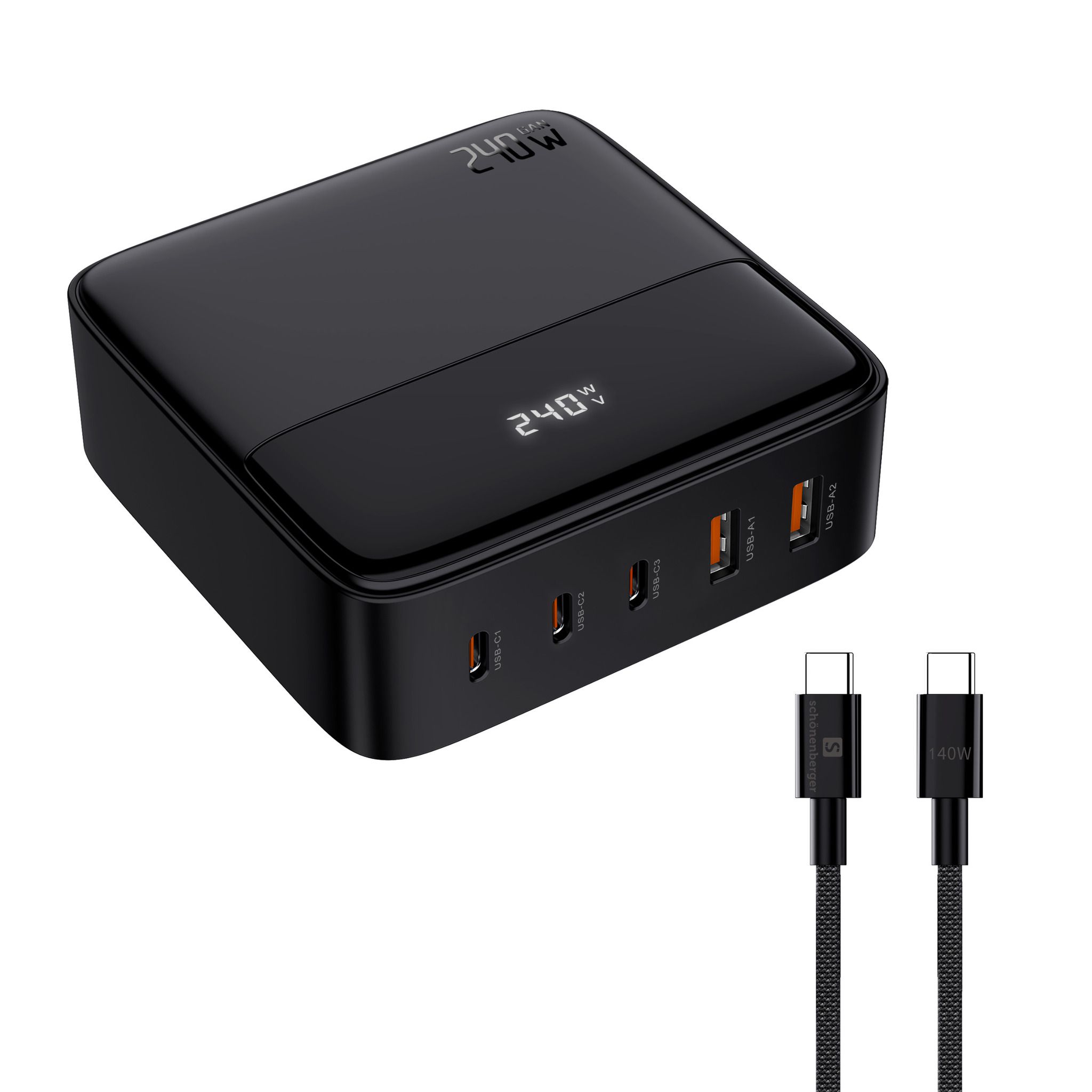 Desktop USB-Charger 240W - Out: C1: 140W PD, C2 + C3: 100W PD, A1 + A2: 60W + 1m USB-C to C Cable inkl., S+ zertifziert