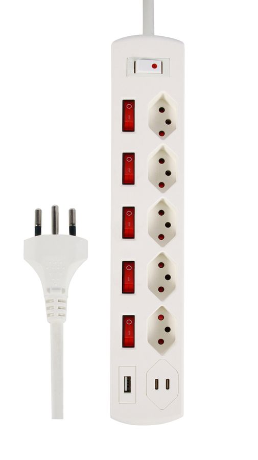 Steckdosenleiste Fix-Line+ MultiSwitch USB AC - 5x T13, 2x USB-C + 1x USB-A PD 20W, 2.0m Kabel, einzeln schaltbar + Hauptschalter, weiss