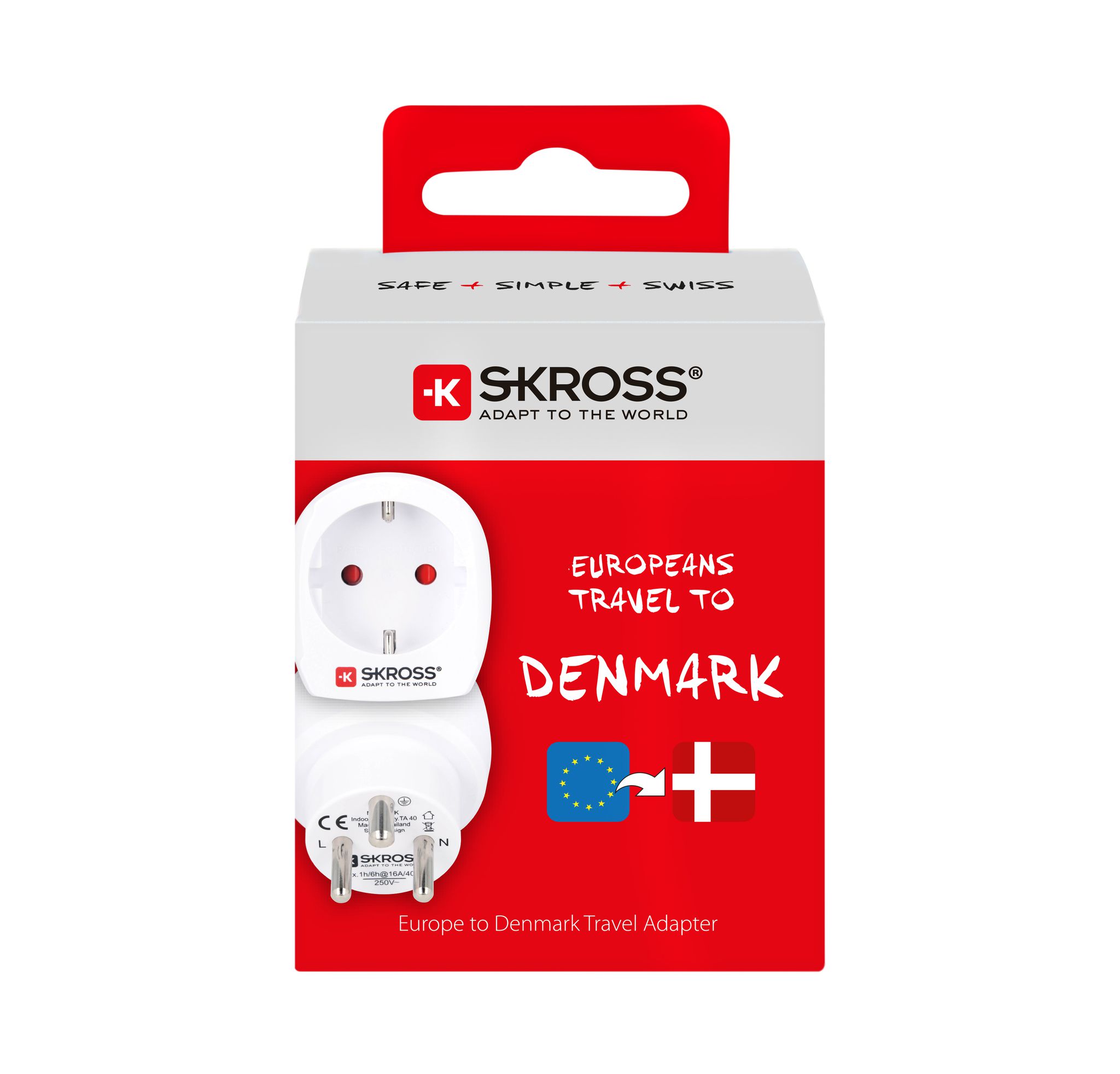 Country Europe to Denmark - Out: Dänemark, In: Schuko, 2-Pol EU