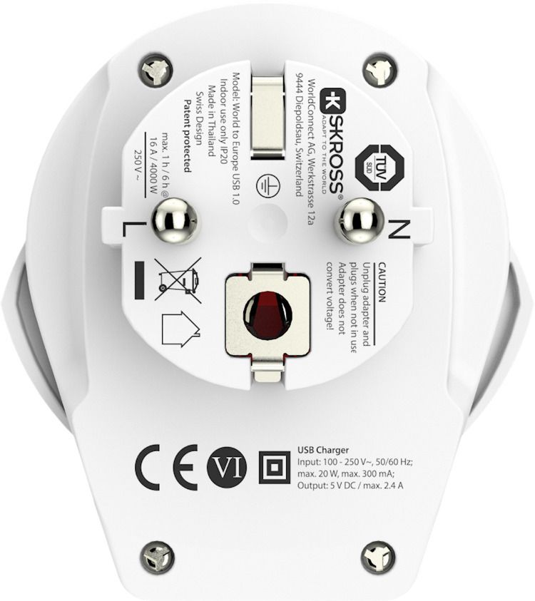 Country adapteur de voyage - World to Europe USB - Out: Schuko, 1xUSB-A, In: CH, Italien, BRA, UK, USA/Japan, 2-Pol EU, AUS/China