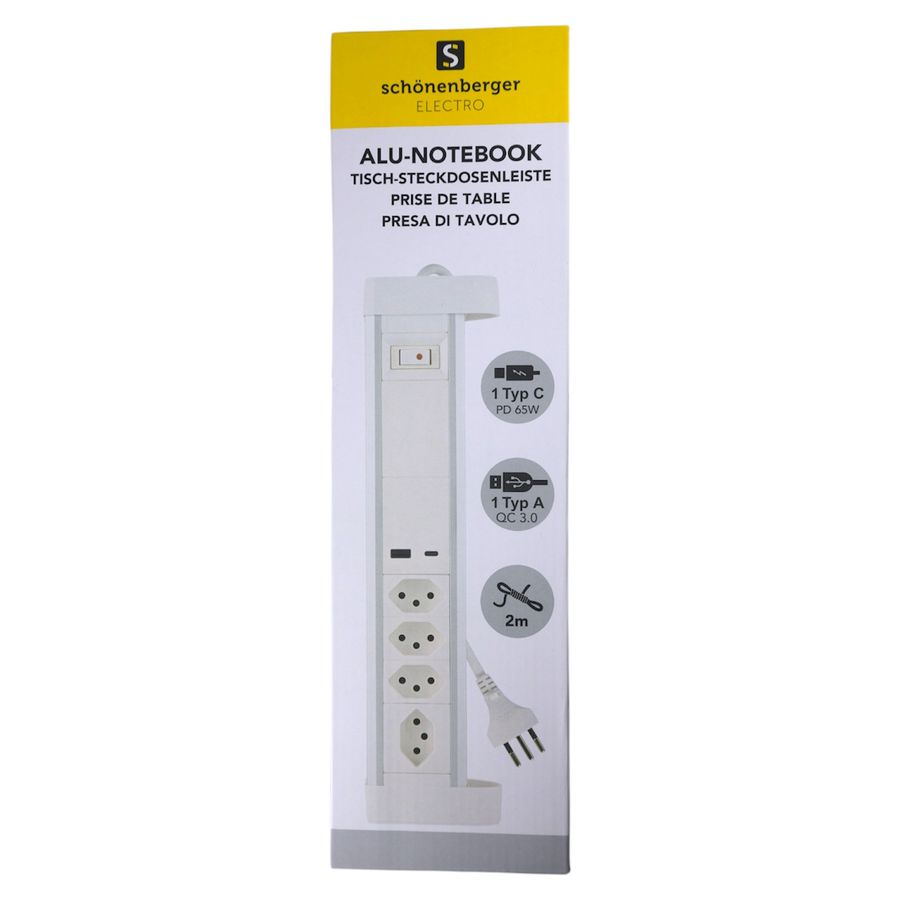 ALU Tisch-Steckdosenleiste NOTEBOOK - 4xT13,1x USB-C 1x USB-A PD 60W, 2.0m Kabel, Stecker T12, Aluminium/weiss
