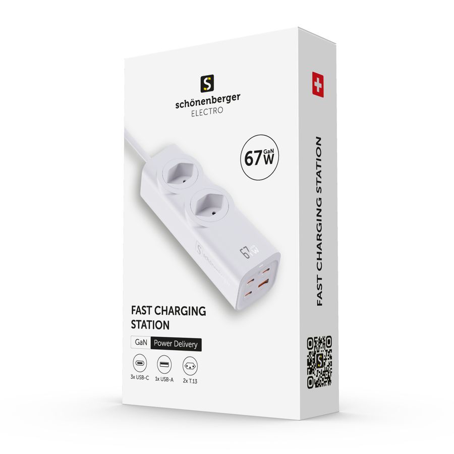 67W GaN Fast Charging Station - 2x T13, Out: USB-C1/ C2/ C3: 67W PD, C1+C2 shared: 45W + C3: 20W, USB-A: 5W, GaN, 2m Kabel, weiss