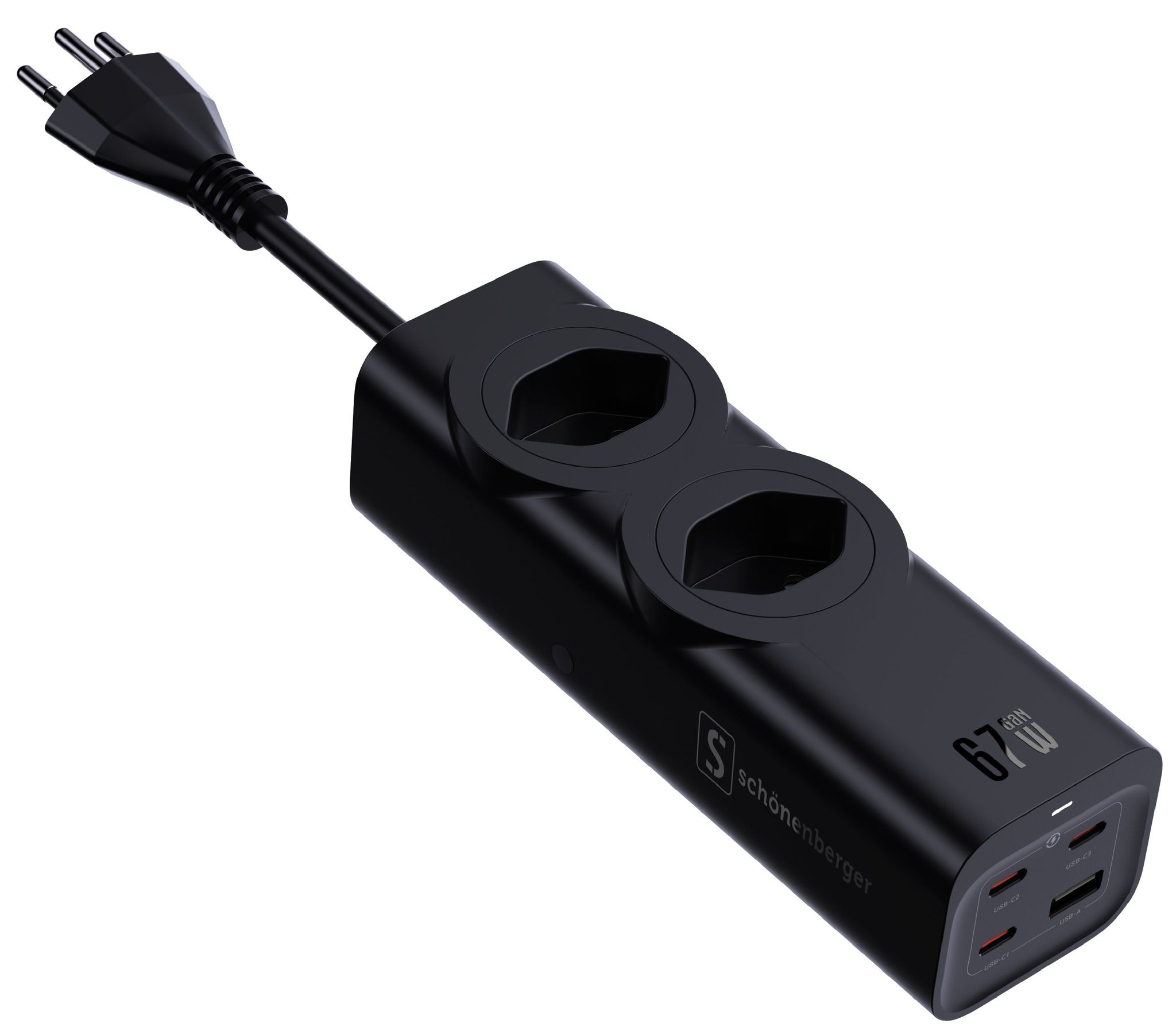 67W GaN Fast Charging Station - 2x T13, Out: USB-C1/ C2/ C3: 67W PD, C1+C2 shared: 45W + C3: 20W, USB-A: 5W, GaN, 2m Kabel, schwarz
