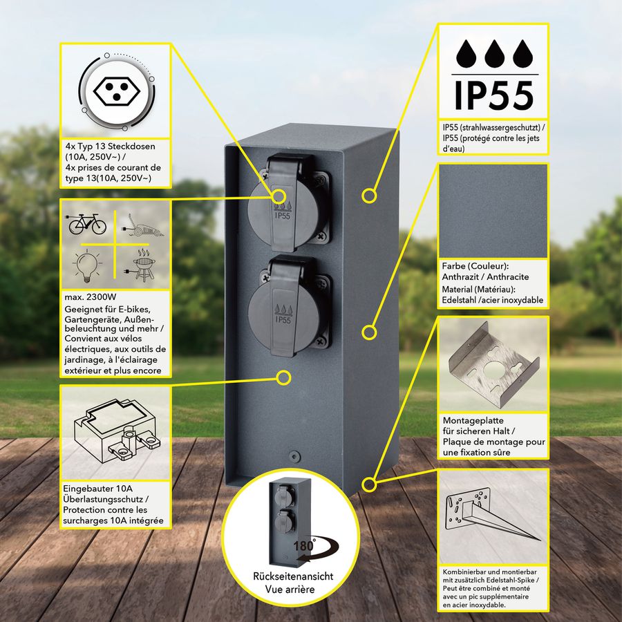 IP55 Energiesäule 4xT13 - 230V AC, max. 10A, 4xT13, IP55, schwarz-matt, rostfrei, Überlastschutz, L=130mm, B=85mm, H=230mm