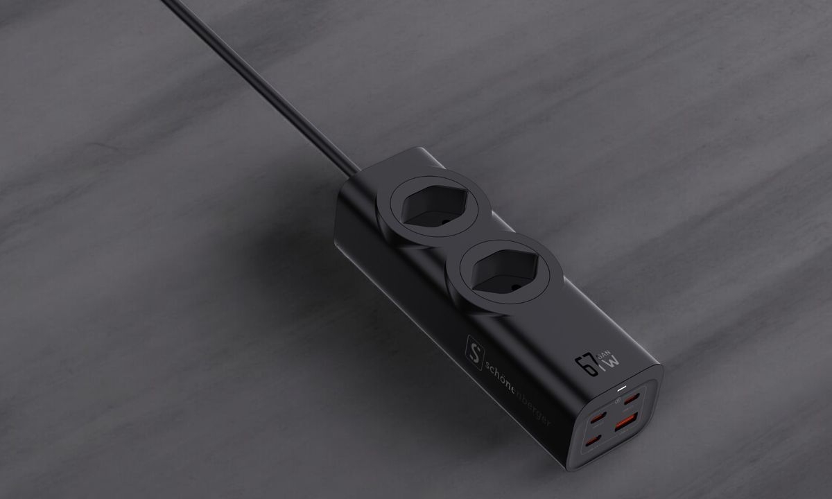 67W GaN Fast Charging Station - 2x T13, Out: USB-C1/ C2/ C3: 67W PD, C1+C2 shared: 45W + C3: 20W, USB-A: 5W, GaN, 1.5m Kabel,schwarz
