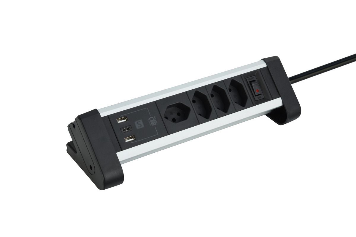 ALU DESKTOP USB-C - 4xT13, 1x USB-C / 2x USB-A max. 3.4A / PD 20W, 2.0m Zuleitung, schwarz