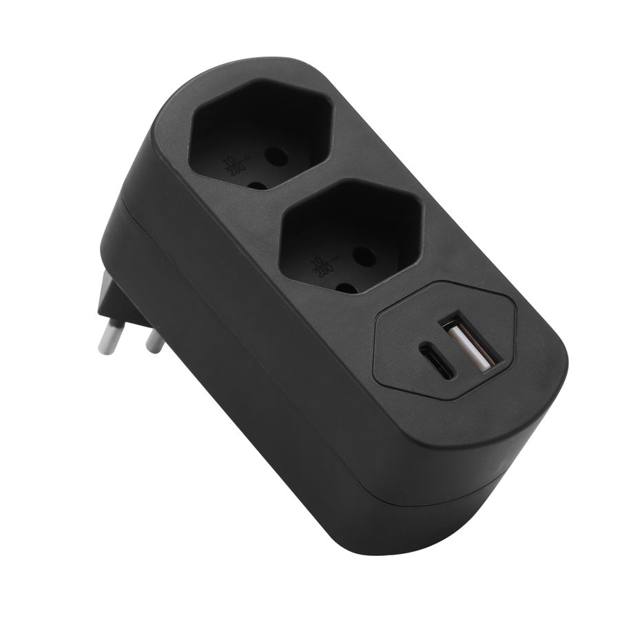 Abzweigstecker drehbar 2xT13 mit USB PD30W schwarz - Abzweigstecker drehbar 2xT13 mit USB PD30W schwarz