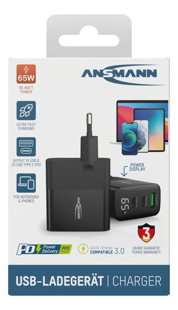 Home Charger mit Display HC365PD - 65W, 3xUSB