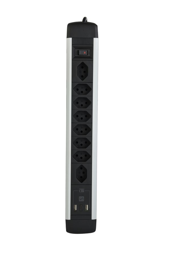ALU Steckdosenleiste USB-C - 8xT13, 1x USB-C + 2x USB-A max. 3.4A - PD 20W, 2.0m Zuleitung, Stecker T12, Aluminium/schwarz