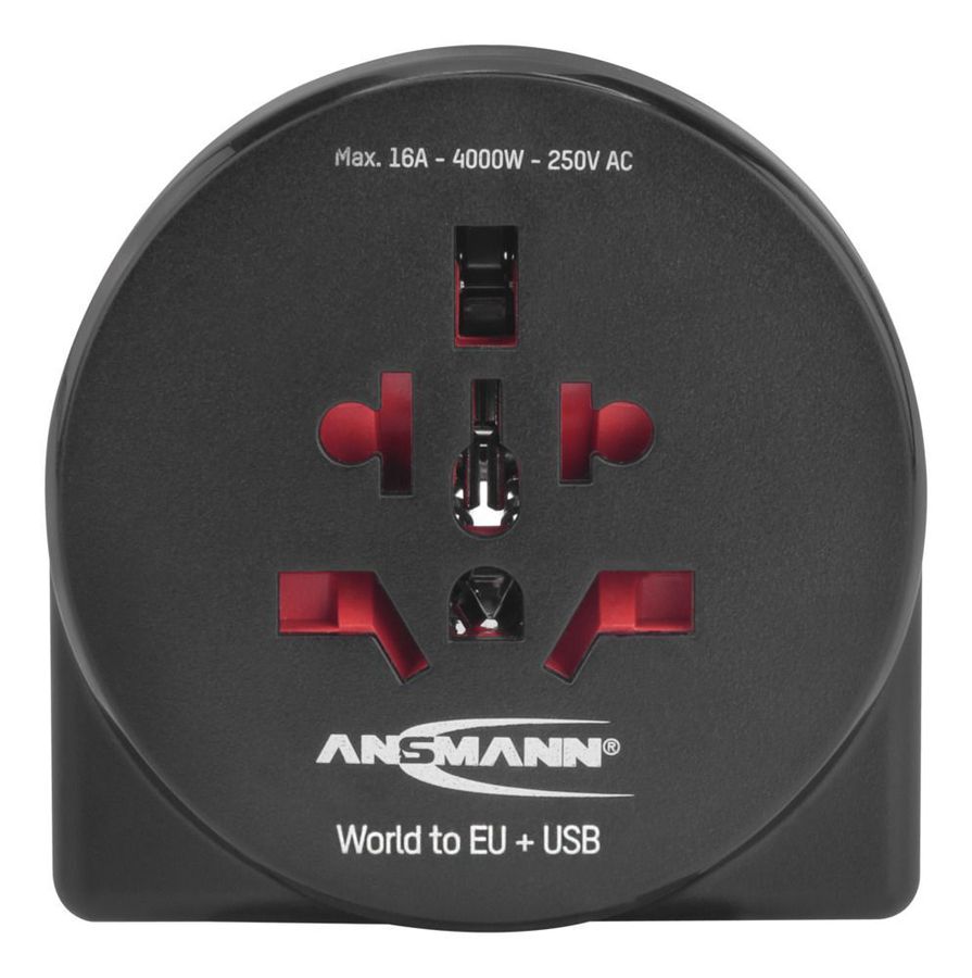 Reisestecker World to EU + USB - mit Schutzleiter für Geräte der Schutzklasse I & II, für Reisen in Länder mit Schuko-Steckdose