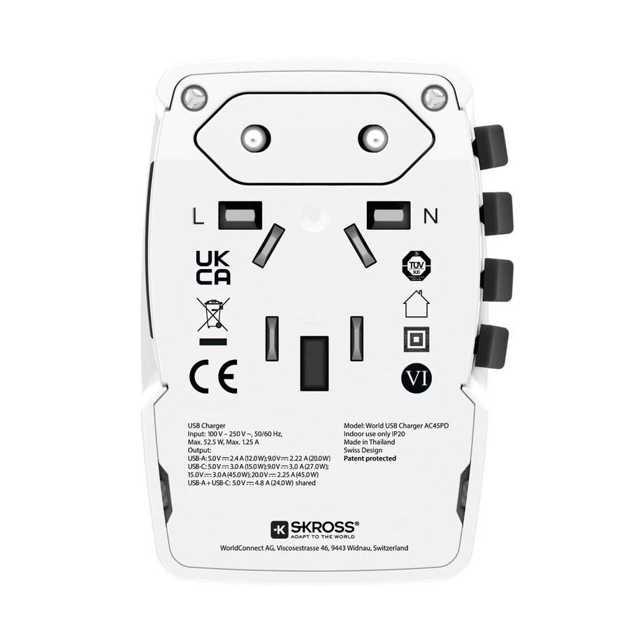 World USB Charger AC45PD - Schuko, 2-Pol EU, IT, UK, BRA, USA/Japan, AUS/China, 1xUSB-A 20W, 1x USB-C 45W PD