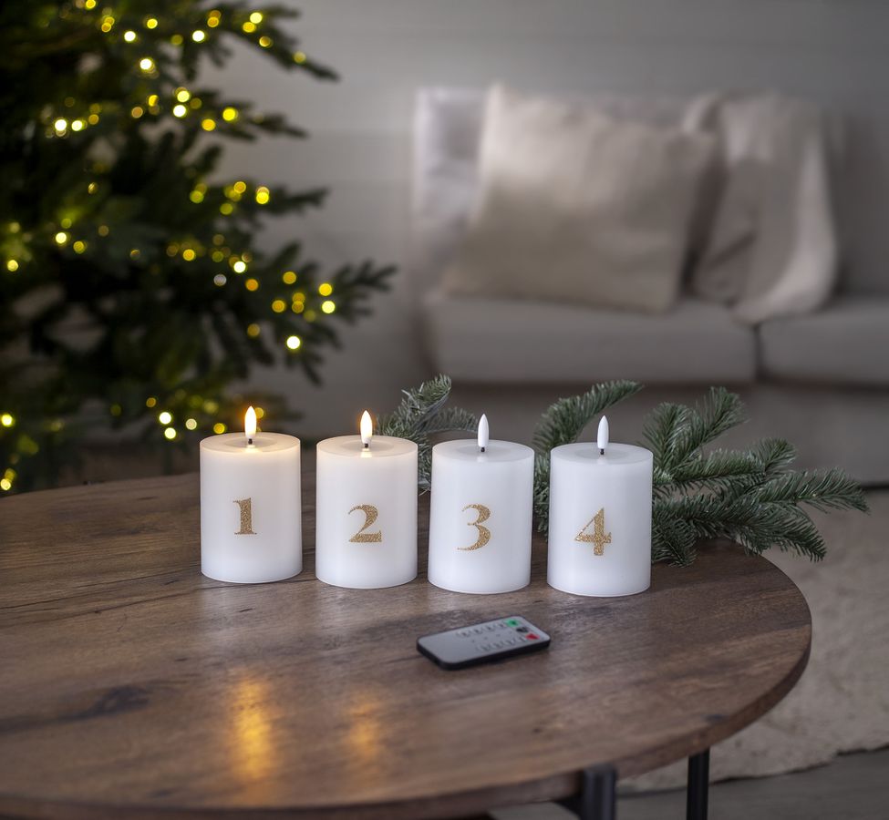 LED Pillar Kerze 4 pack Flamme Advent - Indoor, Weiss, 12.50 cm Höhe, Timerfunktion