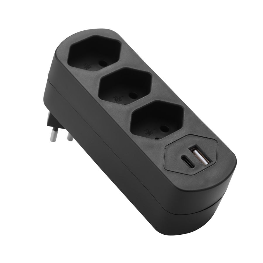 Abzweigstecker drehbar 3xT13 mit USB PD30W schwarz - Abzweigstecker drehbar 3xT13 mit USB PD30W schwarz