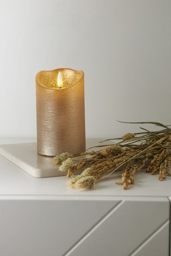 LED Pillar Kerze Flamme Rustic - Indoor, Gold, 12.50 cm Höhe,  Timerfunktion