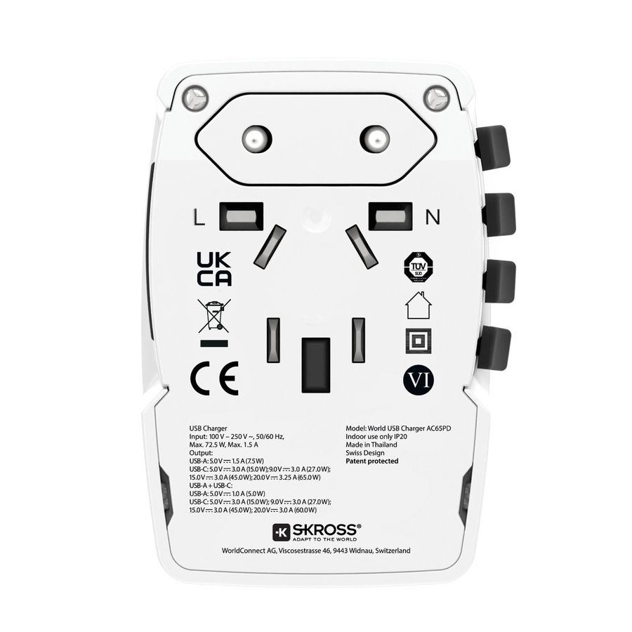 World USB Charger AC65PD - Schuko, 2-Pol EU, IT, UK, BRA, USA/Japan, AUS/China, 1xUSB-A 7.5W, 1x USB-C 65W PD