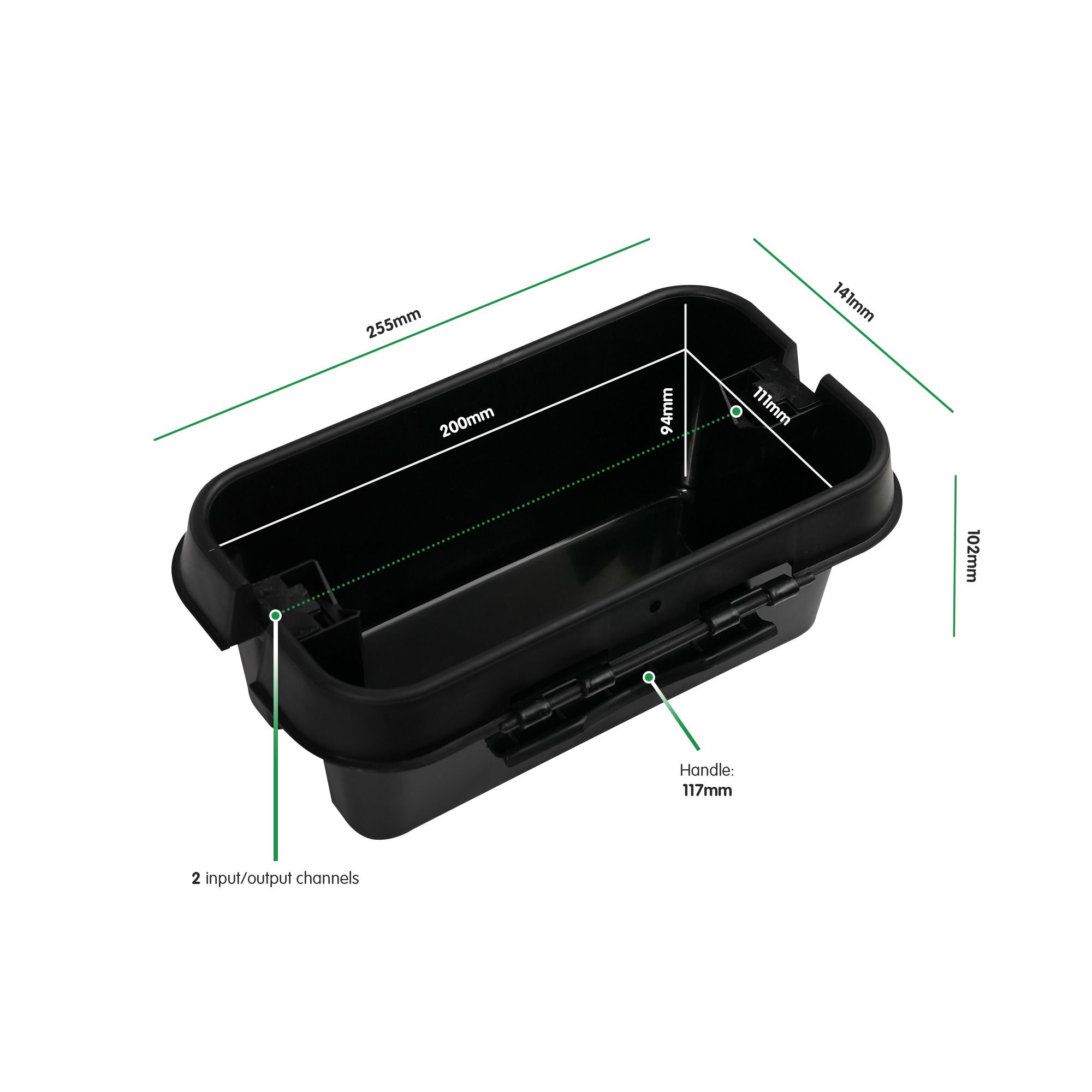 Spruzzatura die cavi, piccolo - Kunststoff, schwarz, IP55, 2x Kabeleinführung  mit Zugentlastung, L=200mm, B=90mm, H=90mm