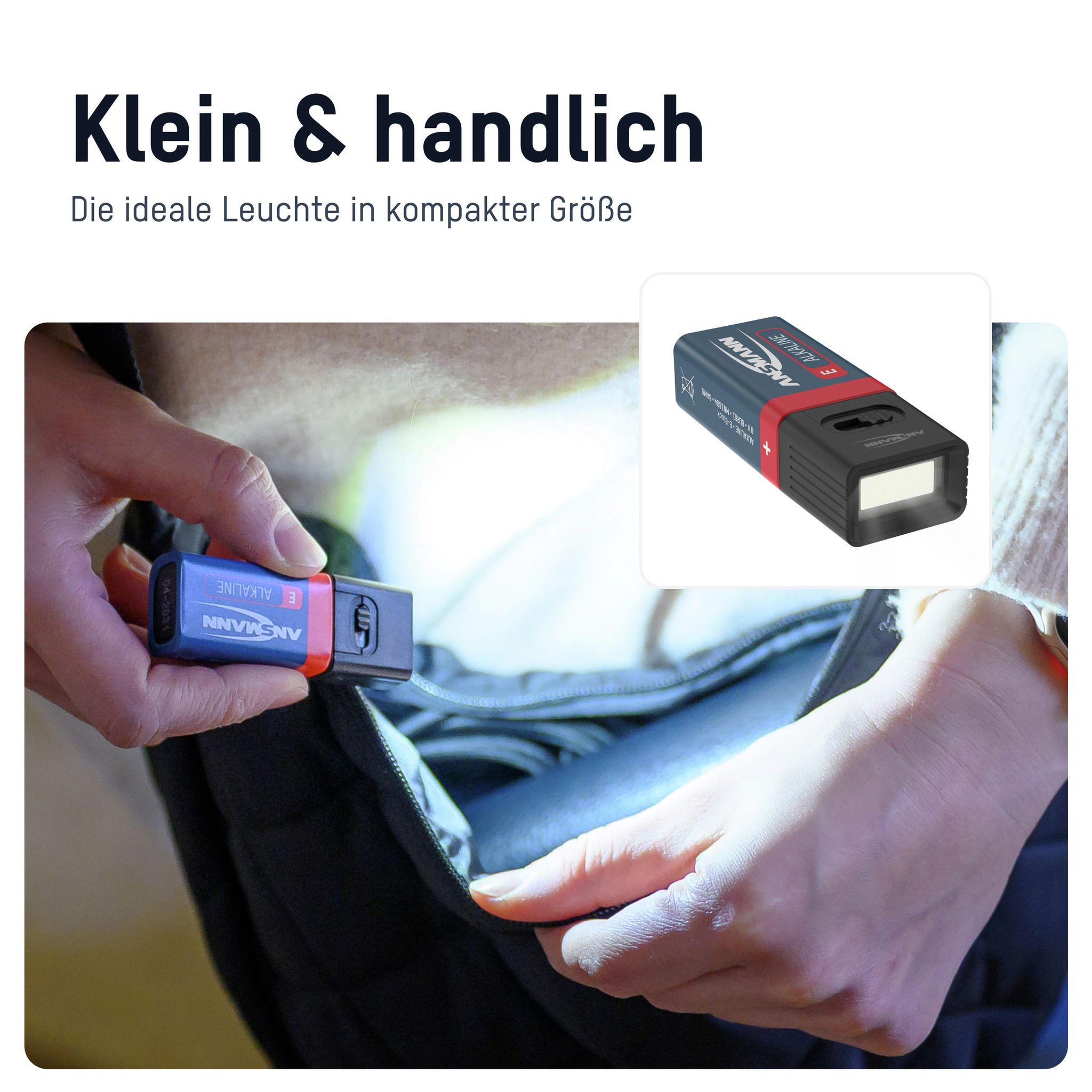 Taschenlampe COB LED-Leuchte mit 9V Batterie - 60lm, IP20, Schwarz