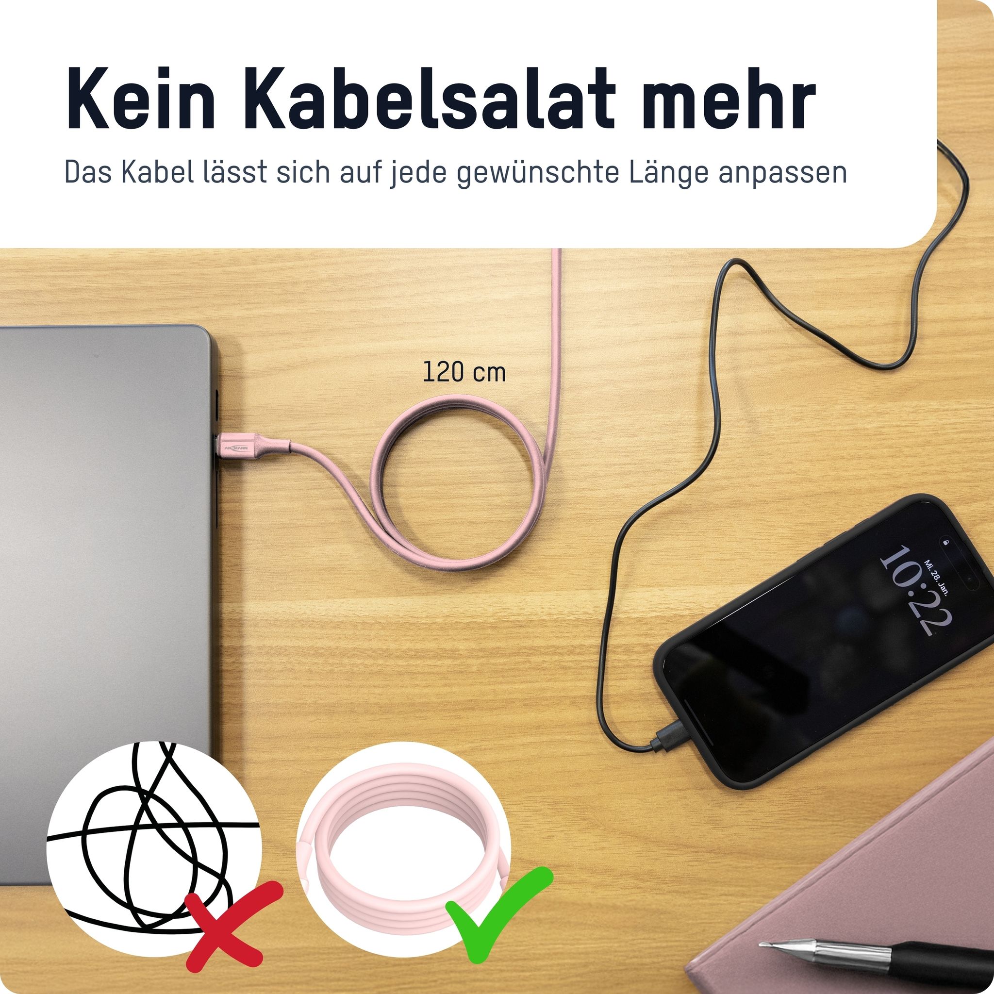Magnetisches Silikonkabel USB-C auf USB-C, 120cm rose - Magnetisches Silikonkabel USB-C auf USB-C, 120cm rose