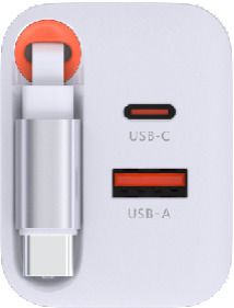 67W GaN 2-Port Fast Charger integr. USB-C Cable - Out: USB-C / USB-A: 67W PD, integriertes 70cm USB-C Kabel, weiss