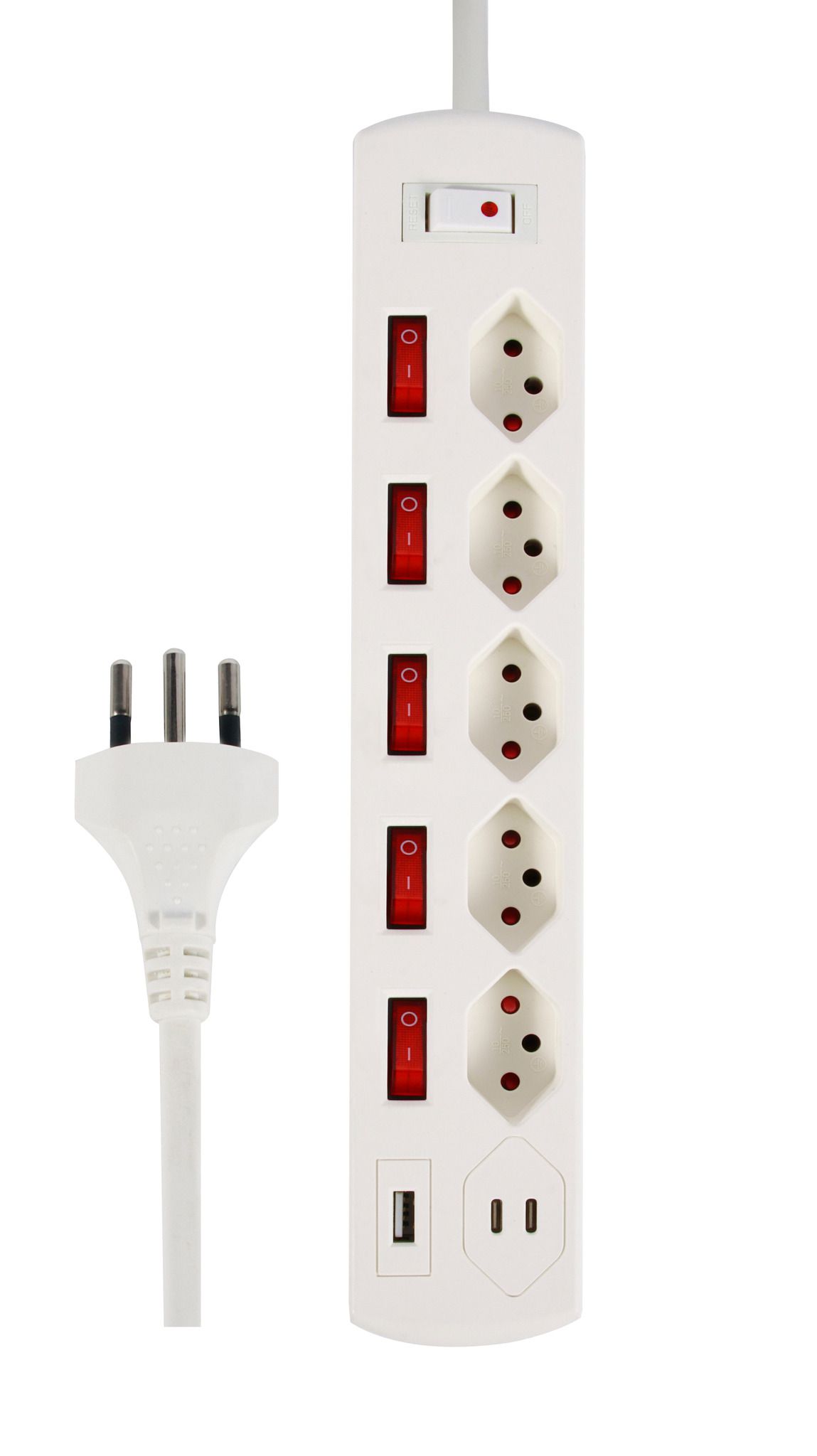 Steckdosenleiste Fix-Line+ MultiSwitch USB AC - 5x T13, 2x USB-C + 1x USB-A PD 20W, 2.0m Kabel, einzeln schaltbar + Hauptschalter, weiss