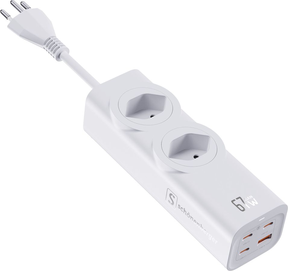 67W GaN Fast Charging Station - 2x T13, Out: USB-C1/ C2/ C3: 67W PD, C1+C2 shared: 45W + C3: 20W, USB-A: 5W, GaN, 1.5m Kabel, weiss