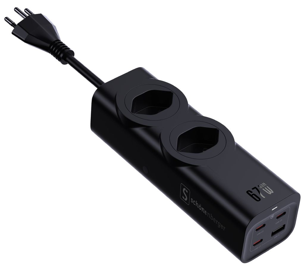 67W GaN Fast Charging Station - 2x T13, Out: USB-C1/ C2/ C3: 67W PD, C1+C2 shared: 45W + C3: 20W, USB-A: 5W, GaN, 2m Kabel, schwarz