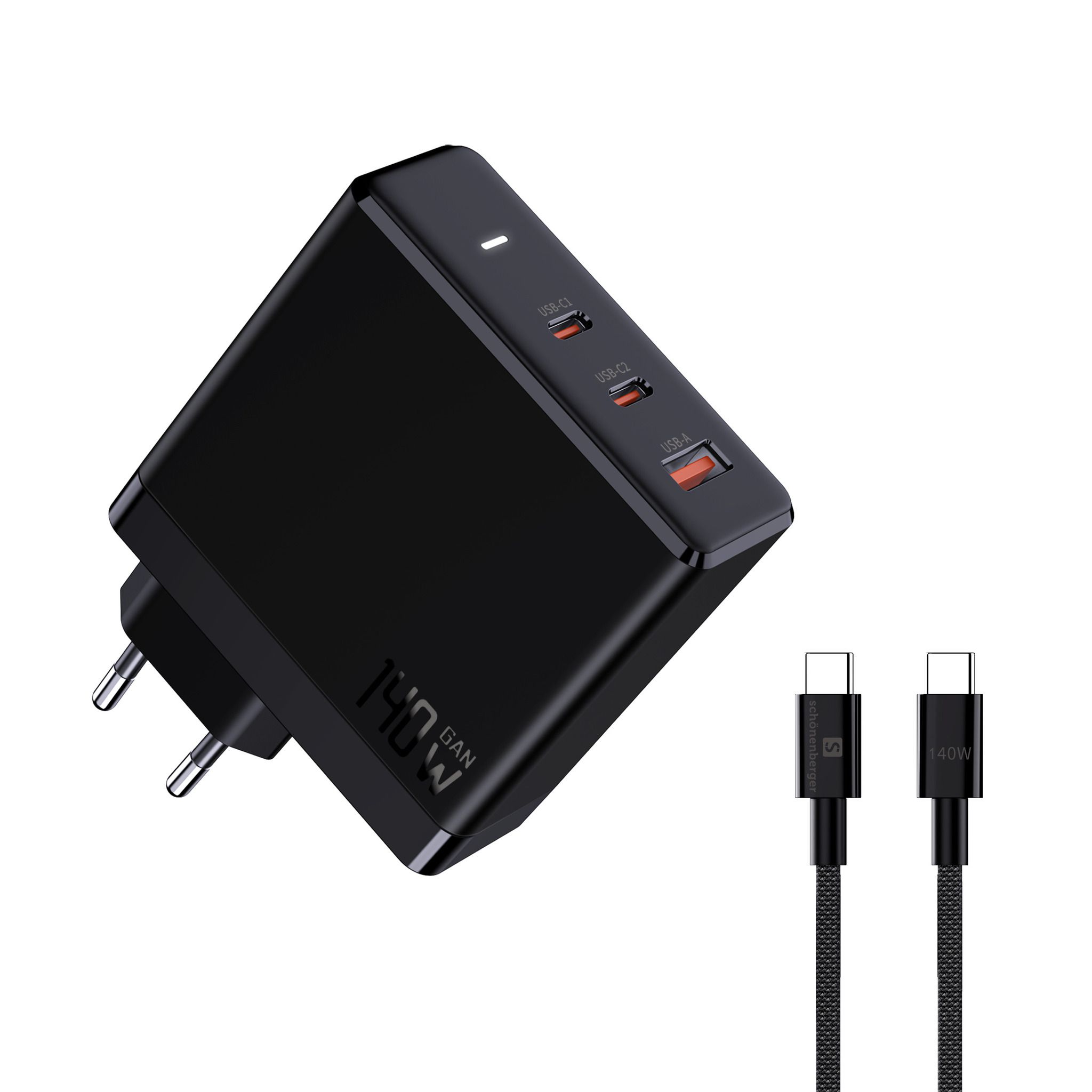 Fast Charger 140W GaN 3-Port - Out: USB-C1: 140W PD, USB-C2: 100W PD, USB-A: 60W inkl. 1.0m 140W USB-C to C Kabel, schwarz