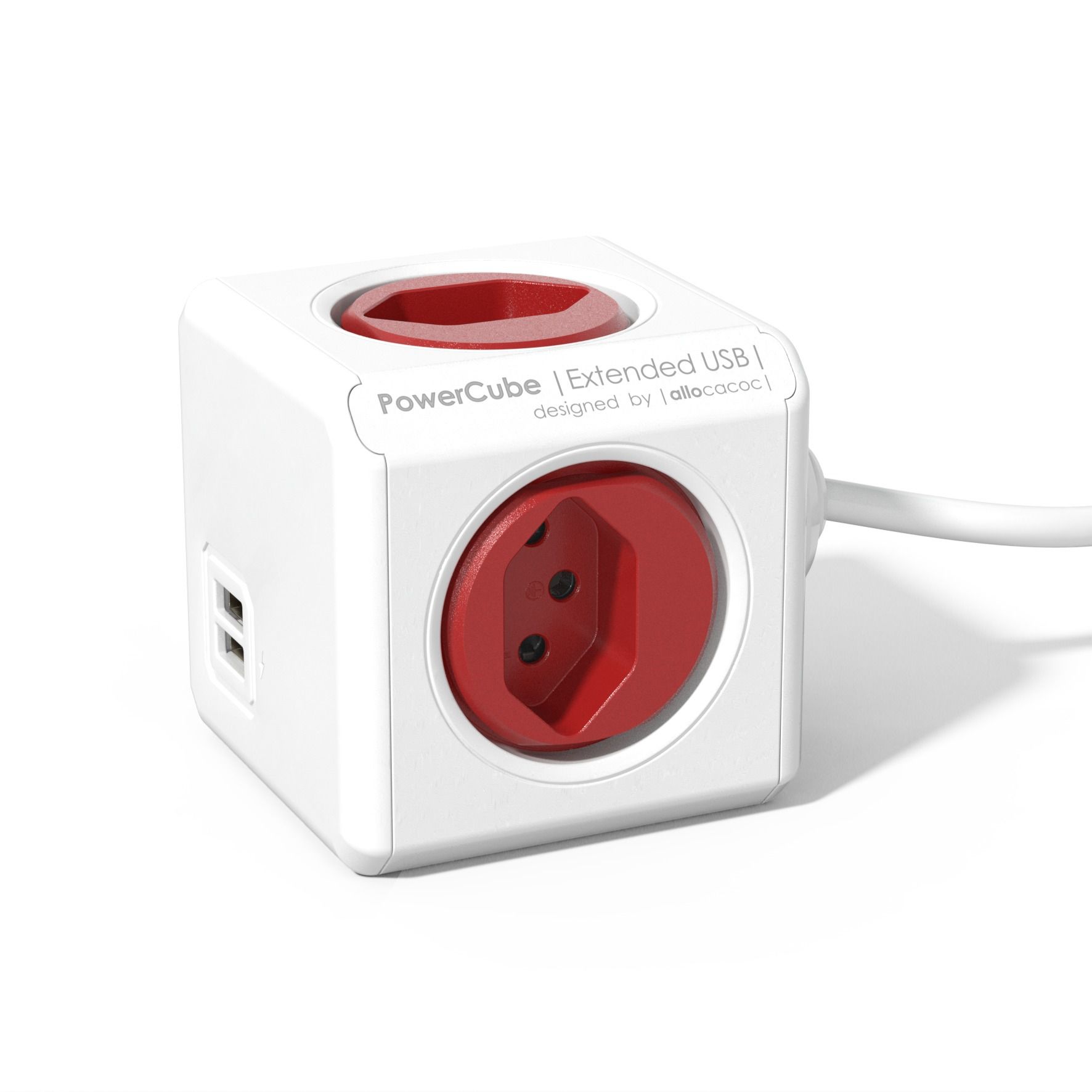 PowerCube Extended USB rot - 4xT13, 2xUSB-A max. 2.1 A, 1.5m Zuleitung T12-Stecker, inkl. Halterung + Klebestreifen, Kinderschutz