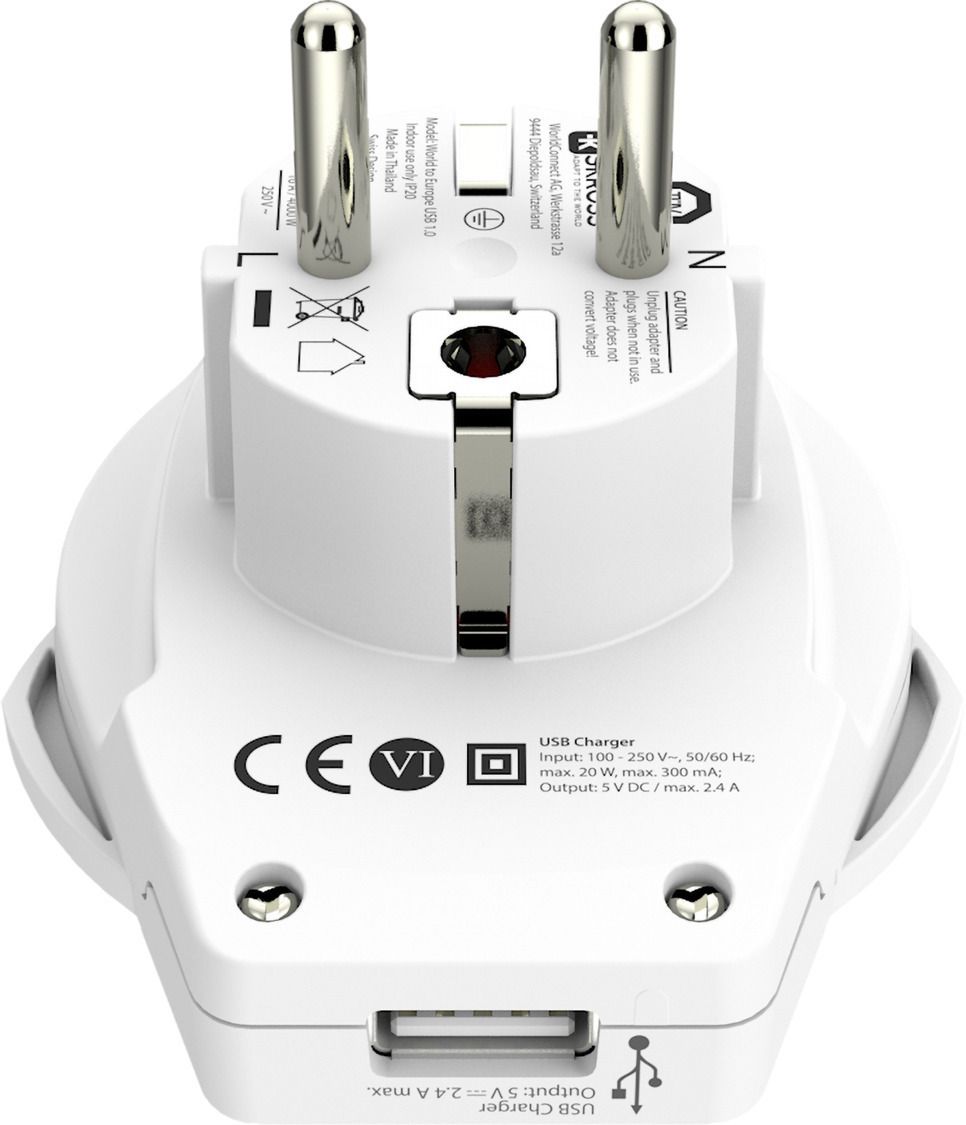 Country World to Europe USB - Out: Schuko, 1xUSB-A, In: CH, Italien, BRA, UK, USA/Japan, 2-Pol EU, AUS/China