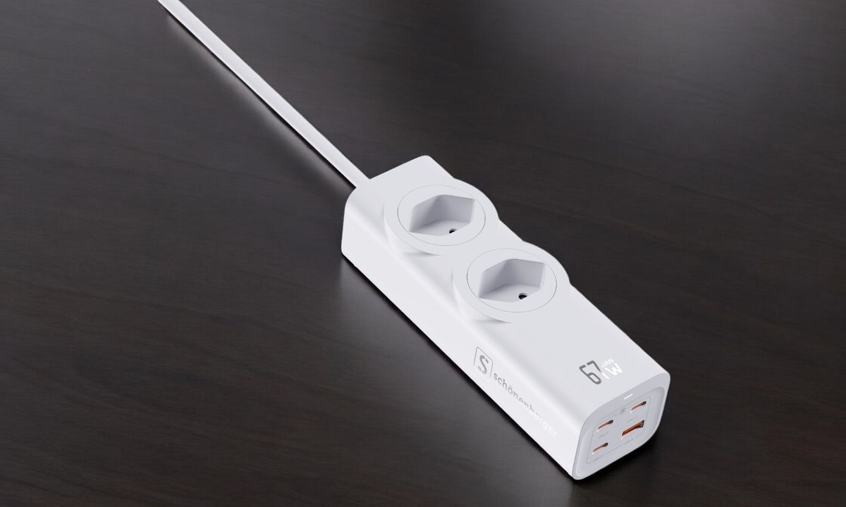 67W GaN Fast Charging Station - 2x T13, Out: USB-C1/ C2/ C3: 67W PD, C1+C2 shared: 45W + C3: 20W, USB-A: 5W, GaN, 1.5m Kabel, weiss