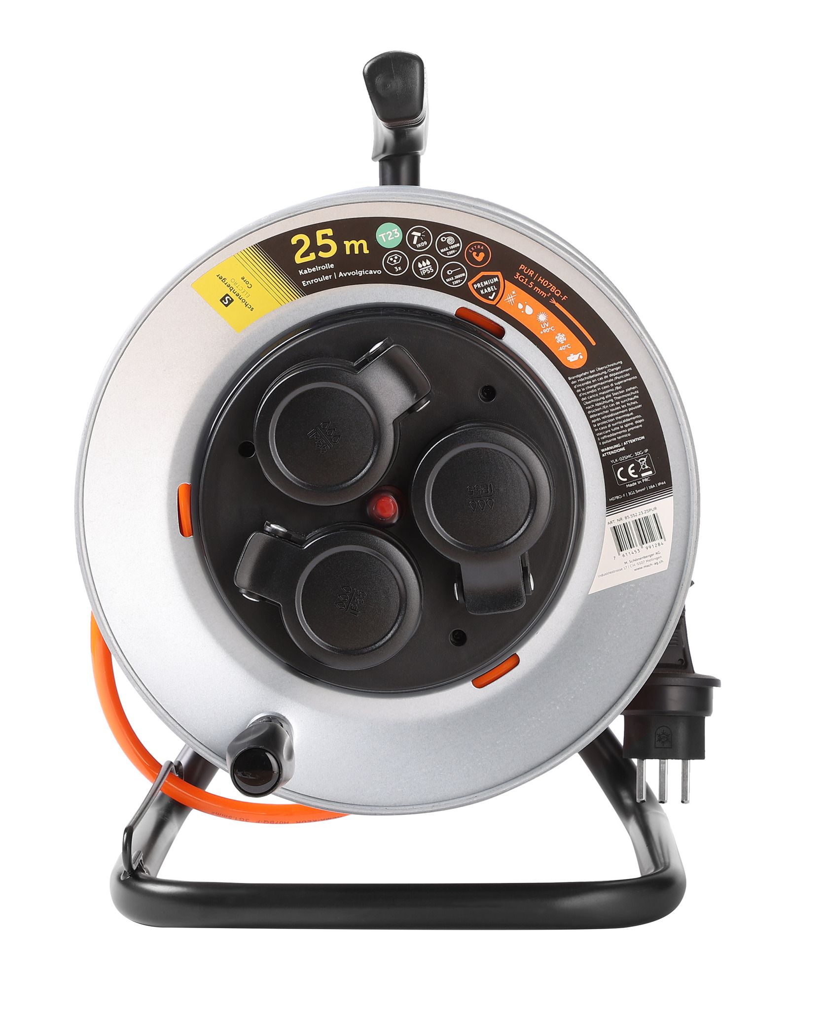 Kabelrolle Metall T23 IP55 25m - EPR-PUR H07BQ-F 3G1.5mm2 3xT23 Steckdosen