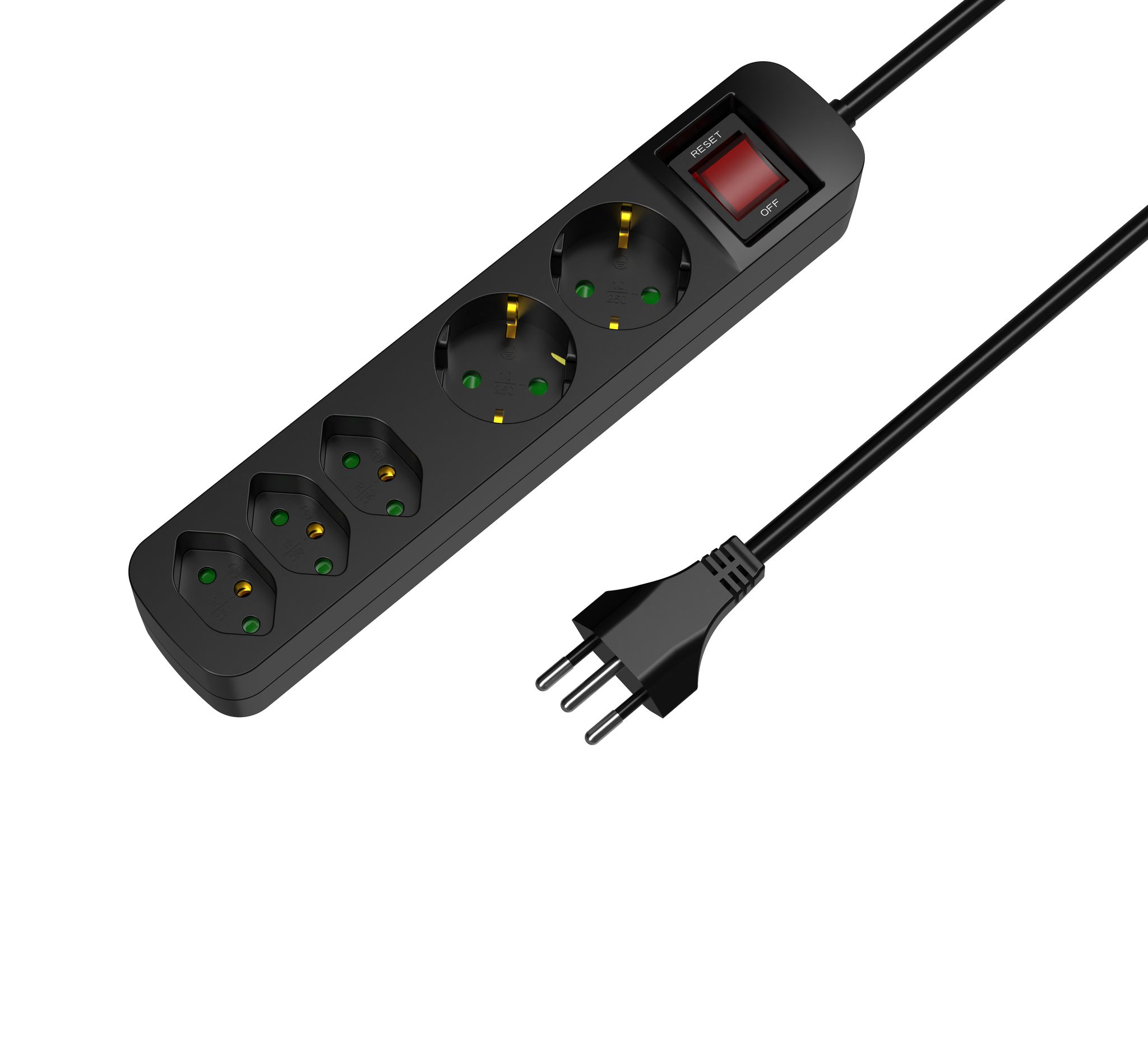 Steckdosenleiste CH/Schuko - 2x Schuko + 3xT13 Steckdosen, T12 Stecker, 1.5m Kabel, integrierter Leuchtschalter, schwarz