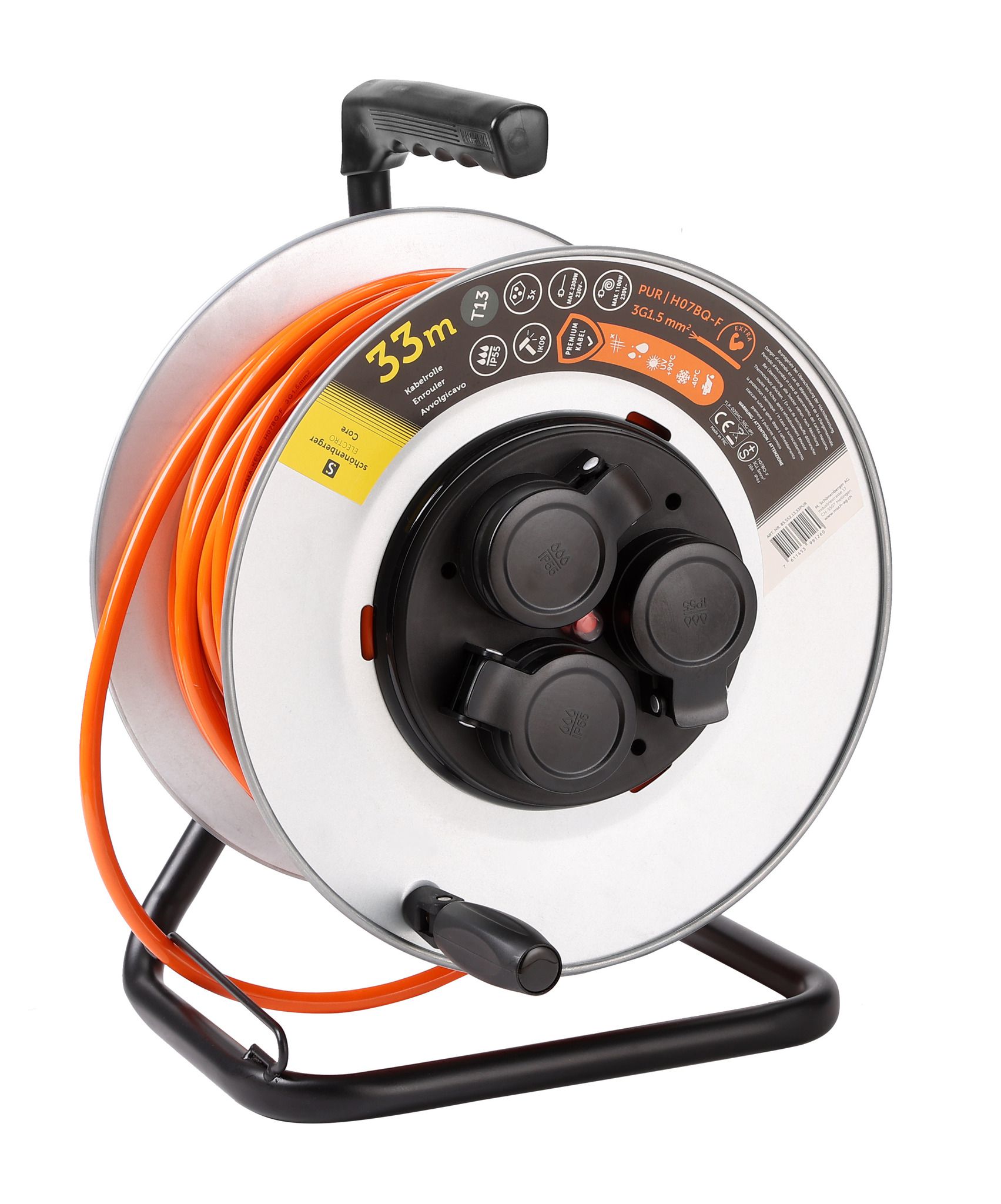 Kabelrolle Metall T13 IP55 33m - EPR-PUR H07BQ-F 3G1.5mm2 3xT13 Steckdosen