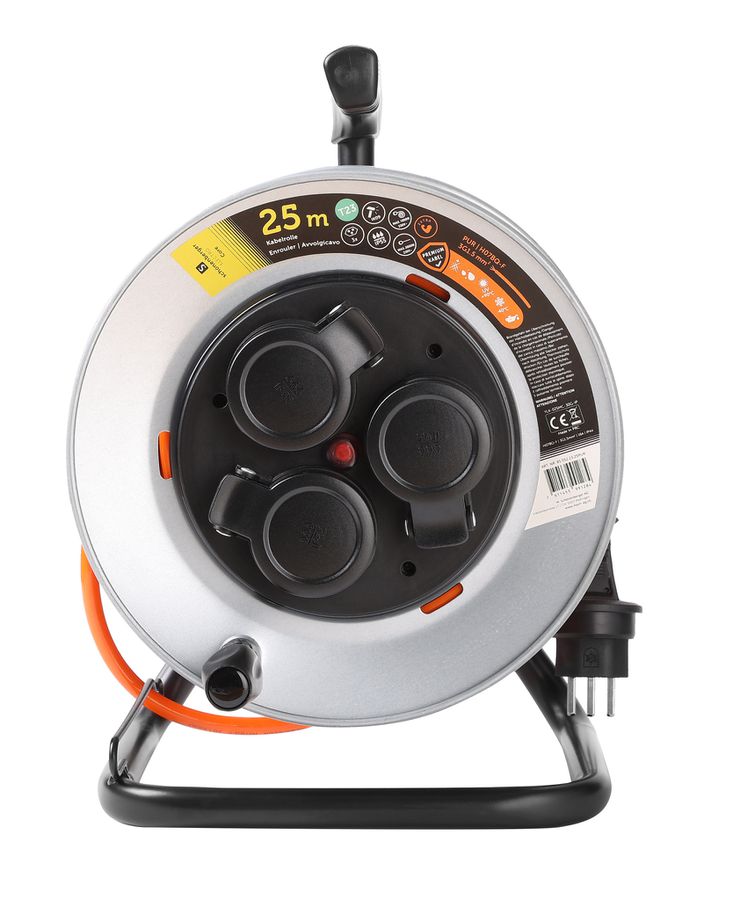 Kabelrolle Metall T23 IP55 25m - EPR-PUR H07BQ-F 3G1.5mm2 3xT23 Steckdosen