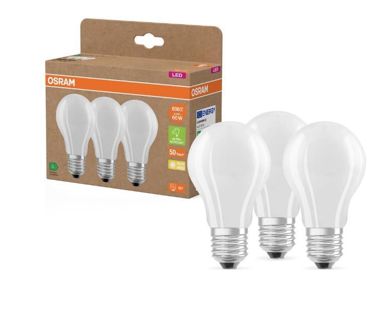 Triopack Osram LED Leuchtmittel Classic A60 E27 frosted - E27, 3.8W (=60W), 2700K, 806lm, 230V