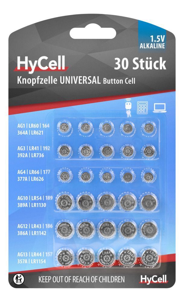 Alkaline Knopfzellen-Set 30-tlg. - LR41 / LR736 / AG3LR43 / LR1142 / AG12/LR44 / LR1154 / AG13/LR54 / LR1130 / AG10 /LR60 / LR621 / AG1