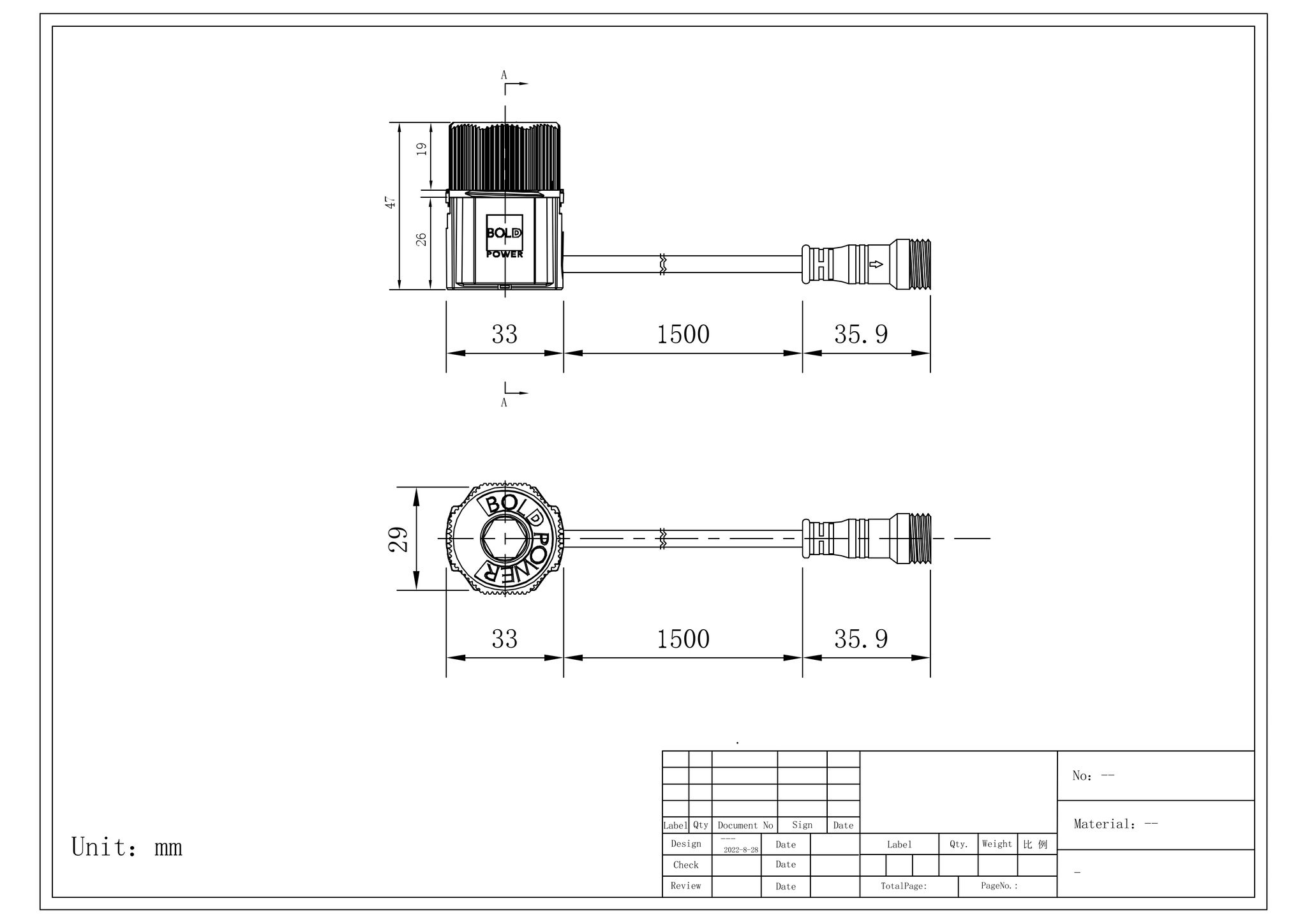 24V Leuchtenverbinder M12 (1.50m) - 24V, 36W, IP67, 1-Weg-Leitungsgerät mit M12-Buchse