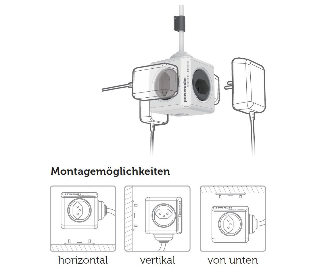 PowerCube Extended USB grau - 4xT13, 2xUSB-A max. 2.1 A, 1.5m Zuleitung T12-Stecker, inkl. Halterung + Klebestreifen, Kinderschutz