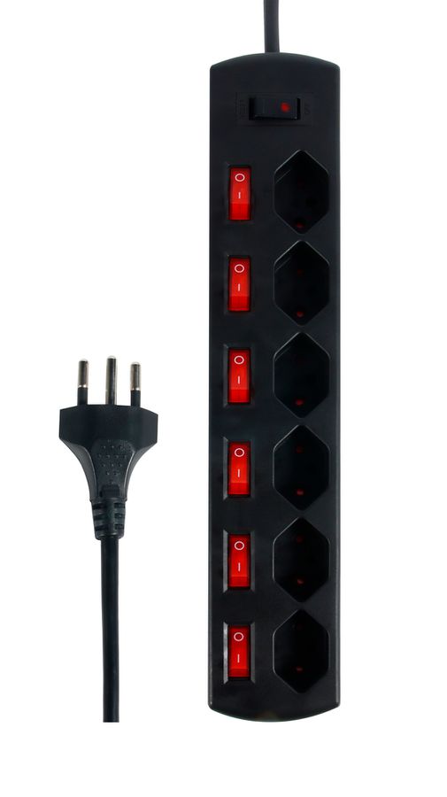 Steckdosenleiste Fix-Line+ MultiSwitch - 6xT13, 2.0m Kabel, einzeln schaltbar + Hauptschalter, schwarz