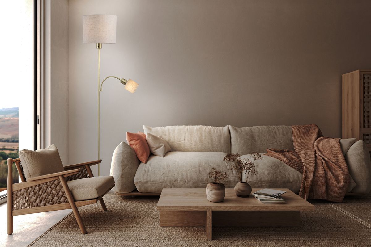 Stehleuchte  FILOMENA  H: 165cm beige - IP20, E27, Messingmatt
