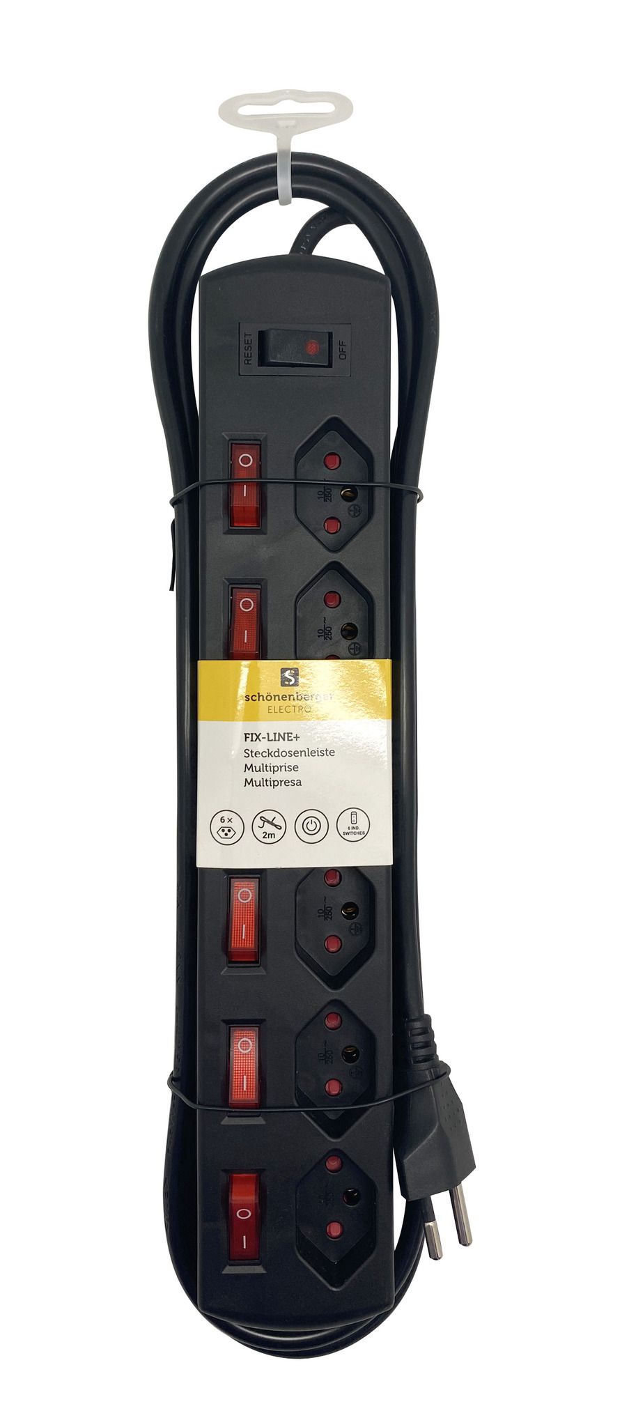 Steckdosenleiste Fix-Line+ MultiSwitch - 6xT13, 2.0m Kabel, einzeln schaltbar + Hauptschalter, schwarz