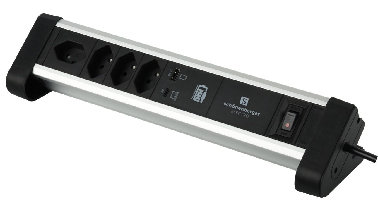 ALU Tisch-Steckdosenleiste NOTEBOOK - 4xT13,1x USB-C 1x USB-A PD 60W, 2.0m Kabel, Stecker T12, Aluminium/schwarz