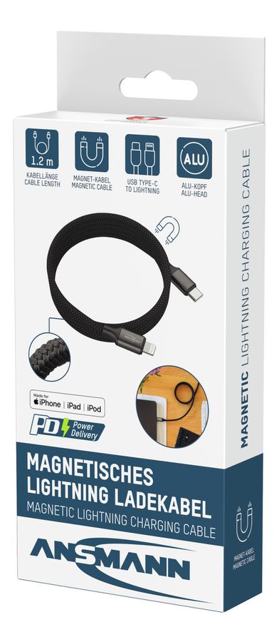 Magnetisches Kabel USB Typ-C auf Lightning - 120 cm,  schwarz