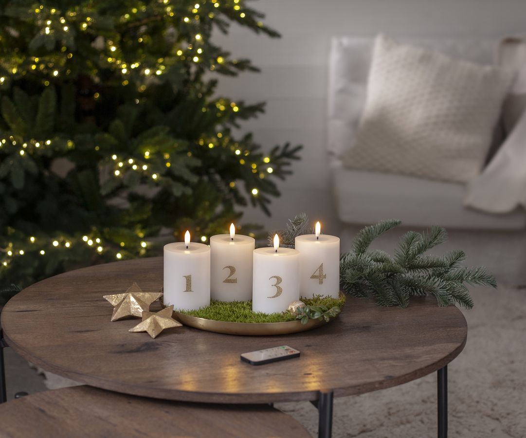 LED Pillar Kerze 4 pack Flamme Advent - Indoor, Weiss, 12.50 cm Höhe, Timerfunktion