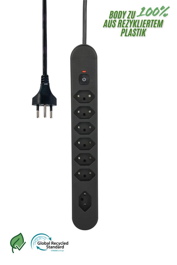 Steckdosenleiste Re:Life - 7x T13., 1.8m Kabel, schwarz